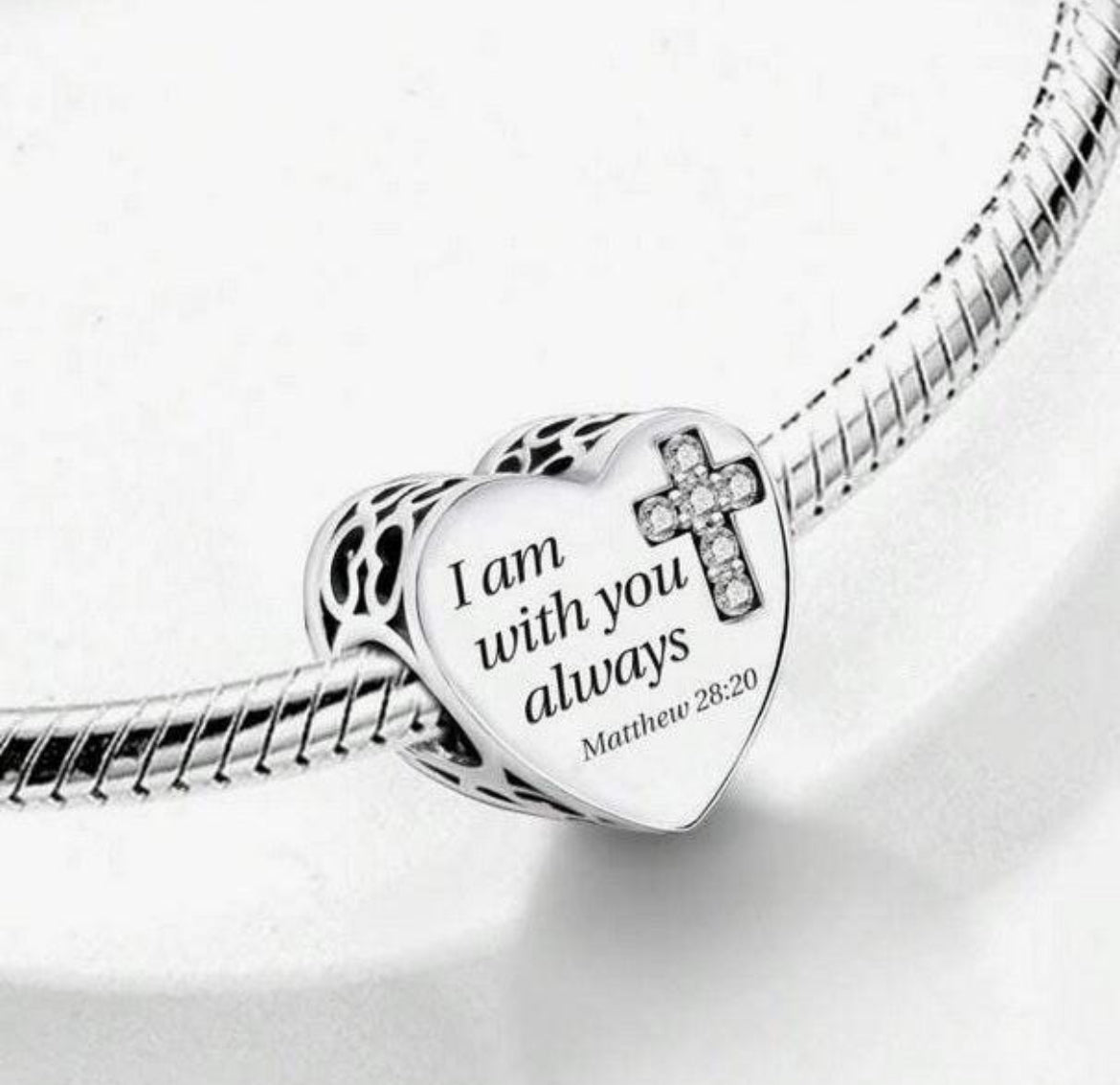 925 Sterling Silver Fits Pandora Matthew 28:20 Prayer Heart Charm