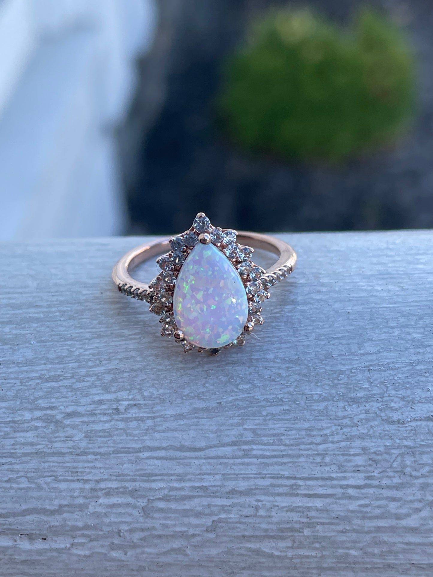 925 Rose Vermeil Sterling Silver Opal & Clear Zirconia Ring Size 8