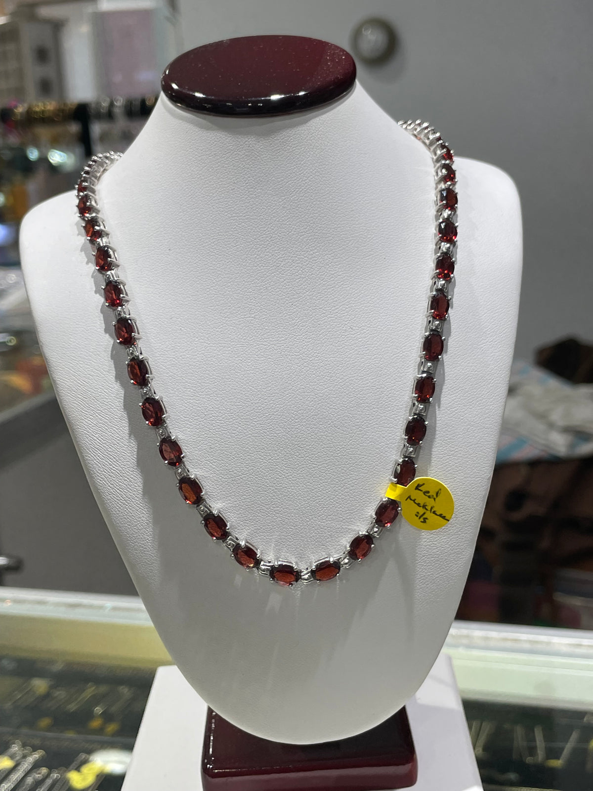 925 Sterling Silver Garnet Tennis Necklace 16”