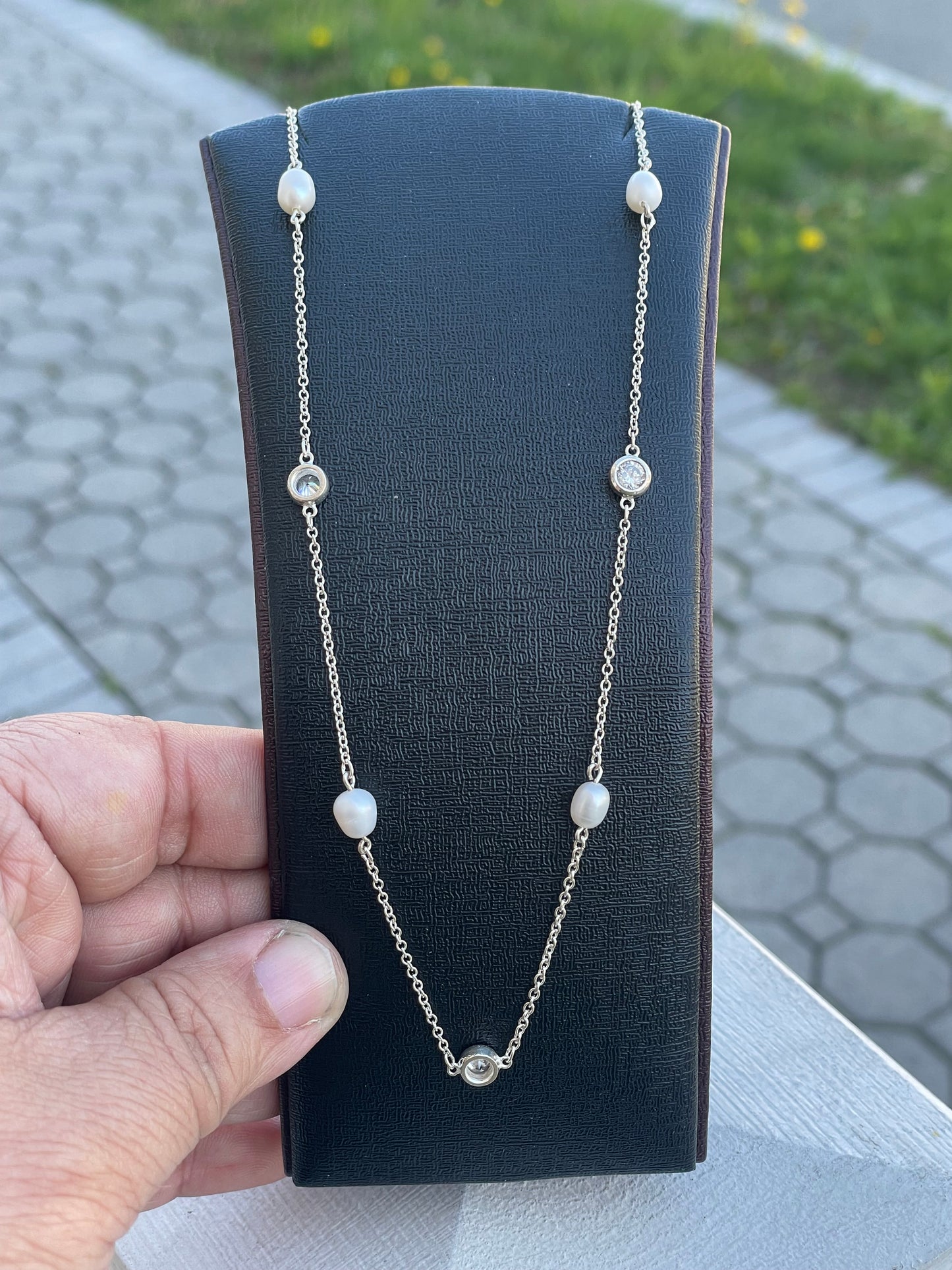 925 Sterling Silver CZ & Pearl Station Necklace 16”