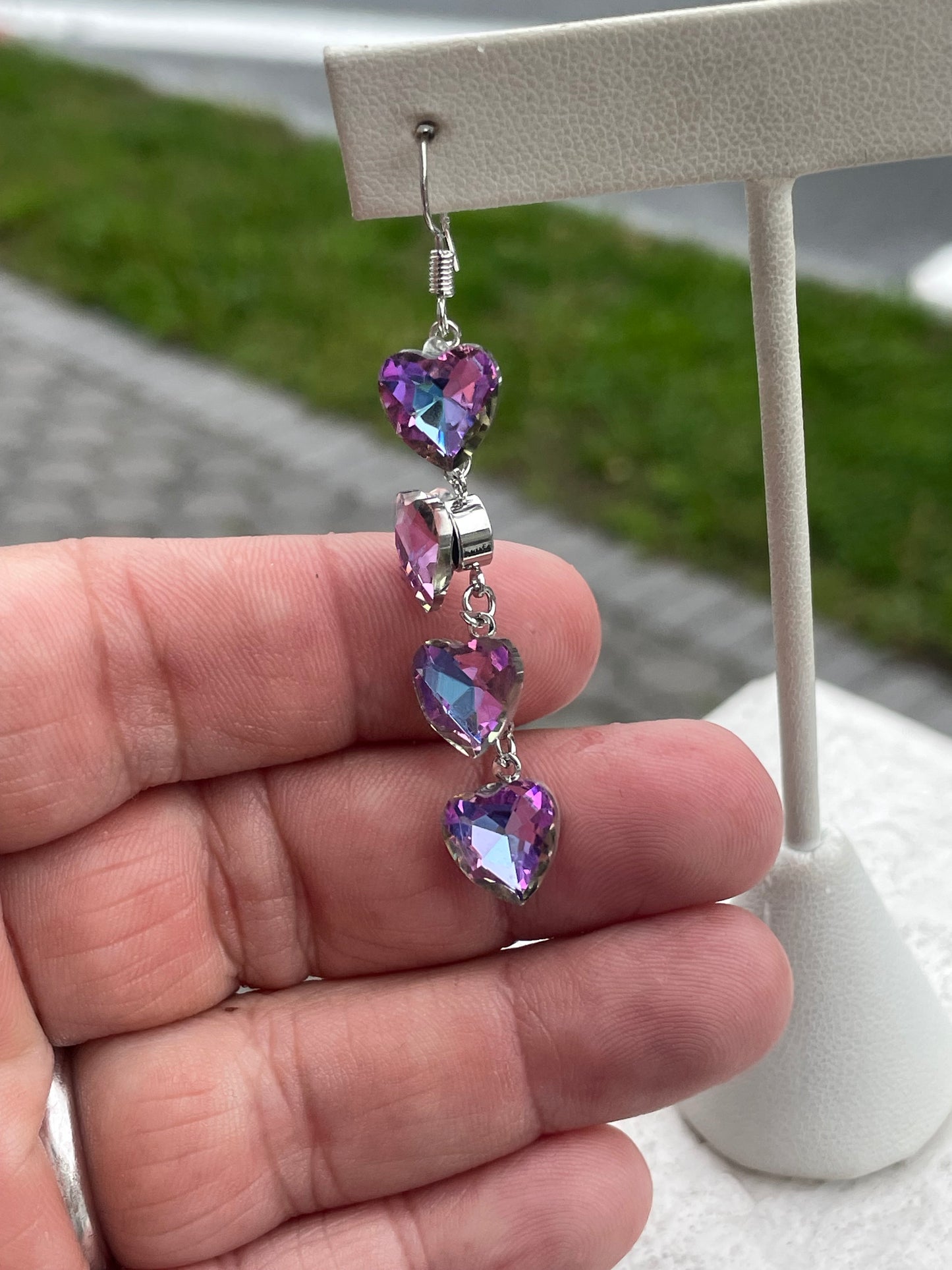 Stainless Steel Bi-Color Quartz Cascading Hearts Dangle Earrings