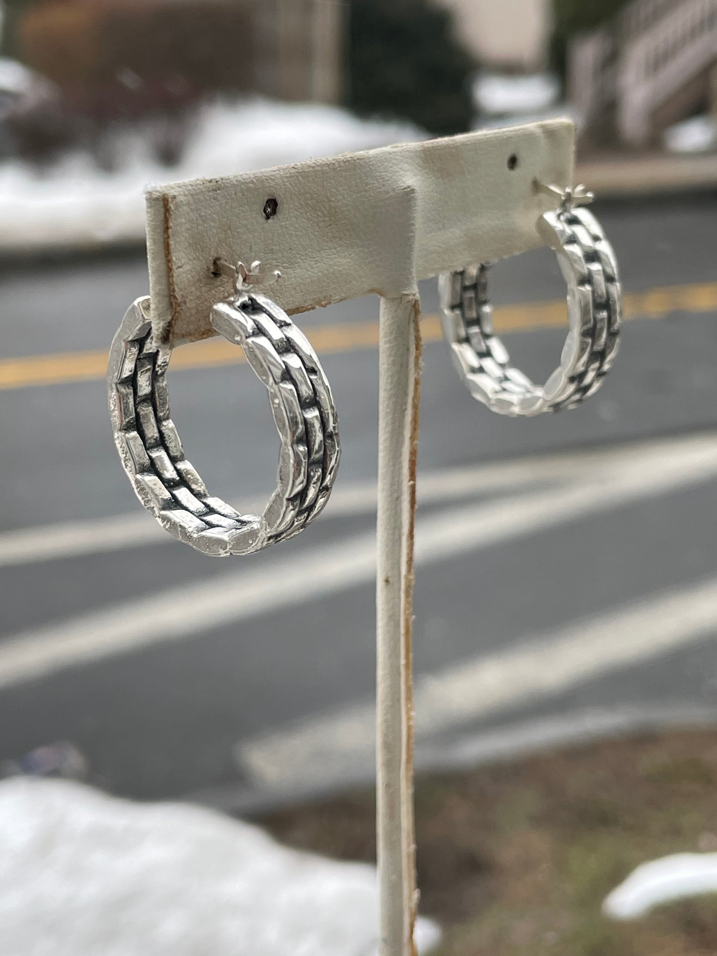 925 Sterling Silver Brick Design 30mm wide hoop earrings (K4)