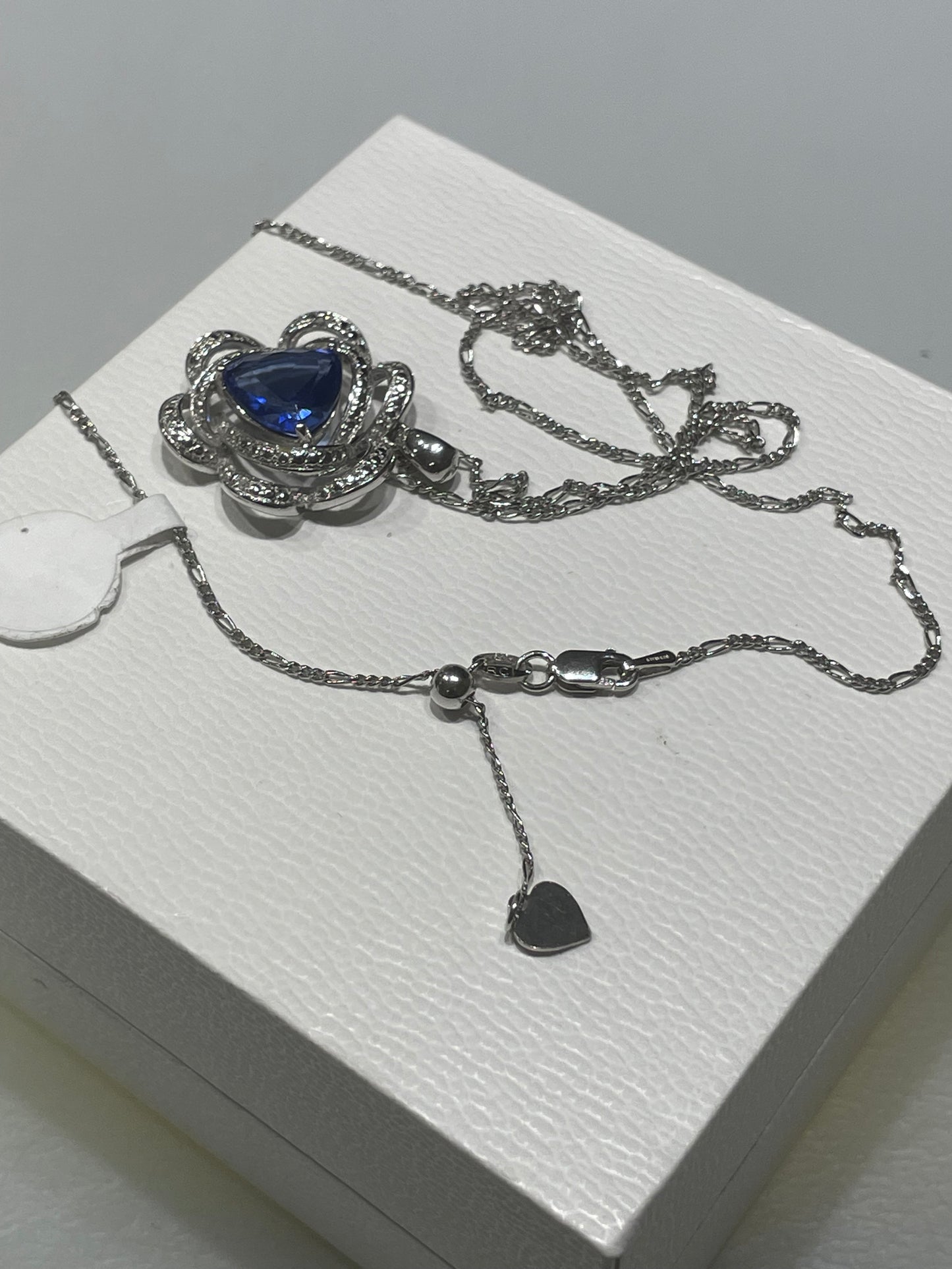 925 Sterling Silver Cushion Cut Simulated Sapphire & Zirconia Blooming Rose Necklace