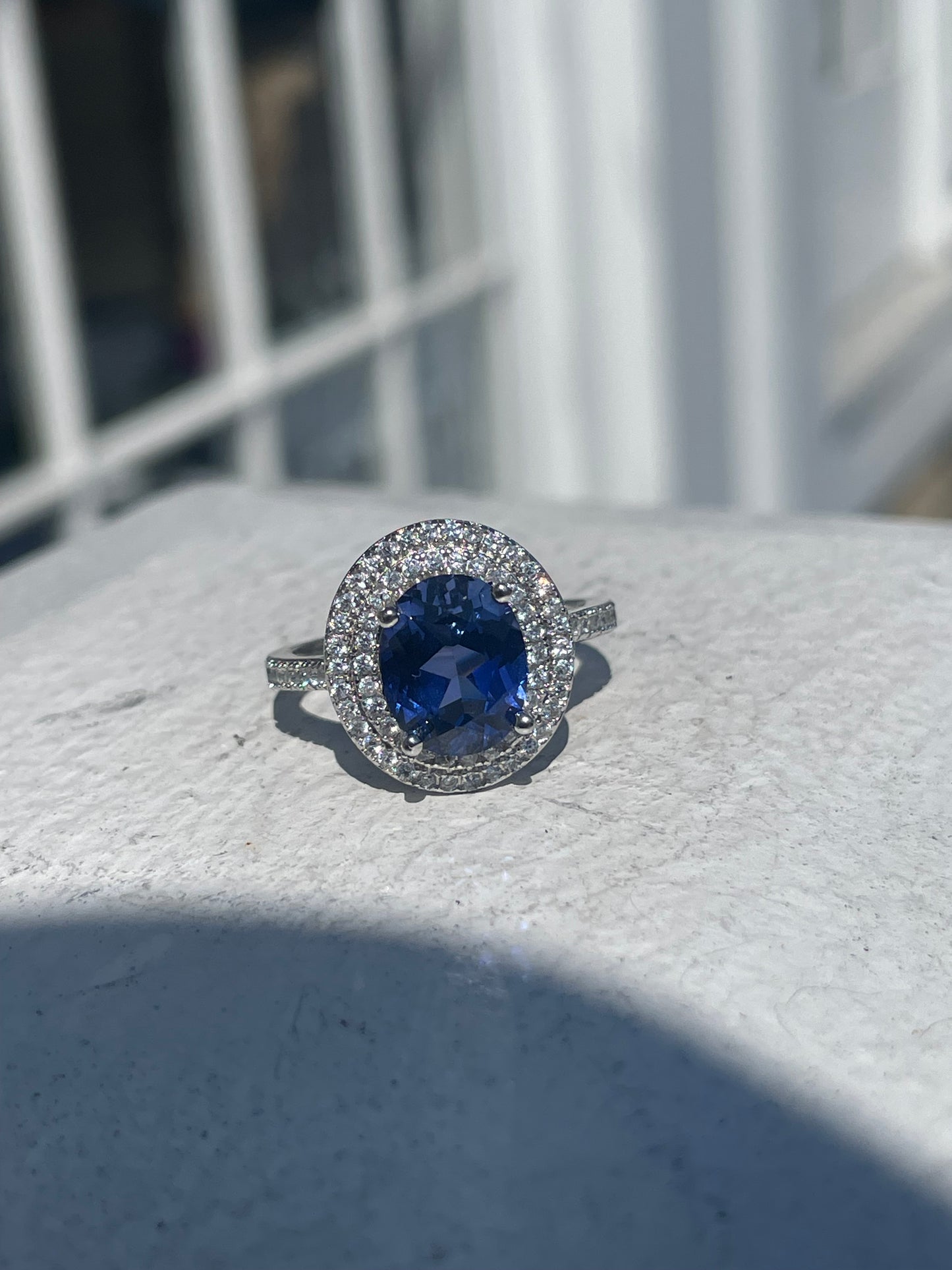 925 Sterling Silver Royalty Lab Sapphire & Cz Cluster Ring Size 8