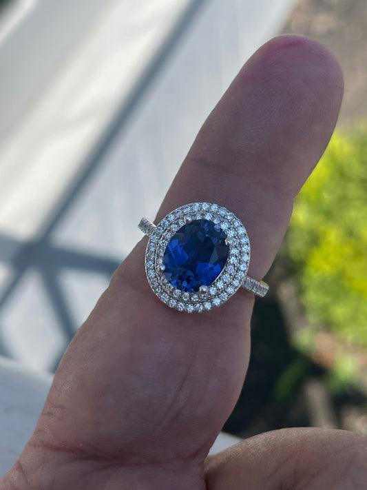925 Sterling Silver Royalty Lab Sapphire & Cz Cluster Ring Size 8