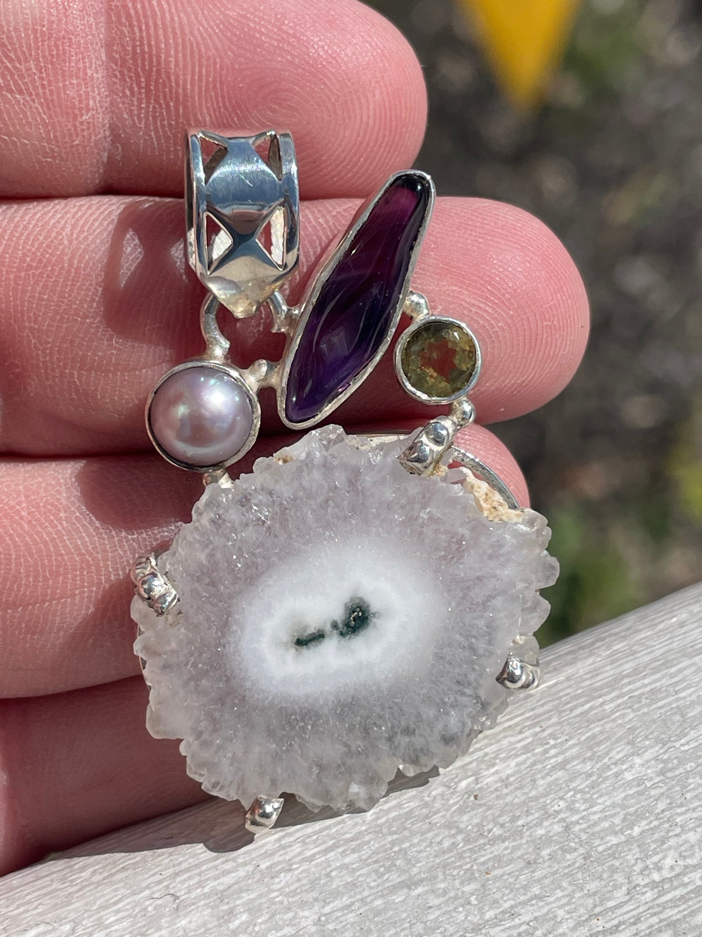 Handmade 925 Sterling Silver Stalactite, Pearl, Amethyst & Citrine Pendant (U36)
