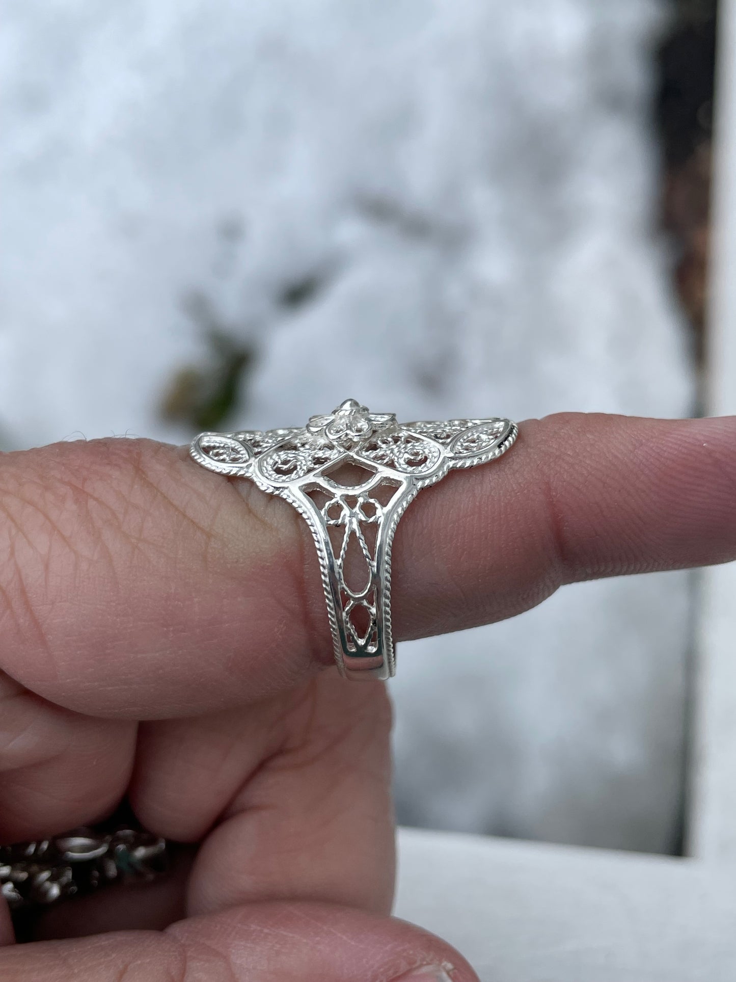 925 Sterling Silver Openwork  Filigree Ring Size 10 (K18)