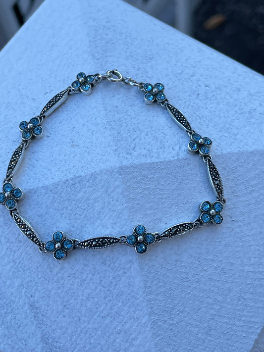 925 Sterling Silver Blue Topaz & Marcasite Flower Bracelet 7.5”