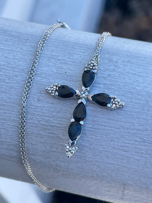 925 Sterling Silver Natural Sapphire Cross Necklace 18”