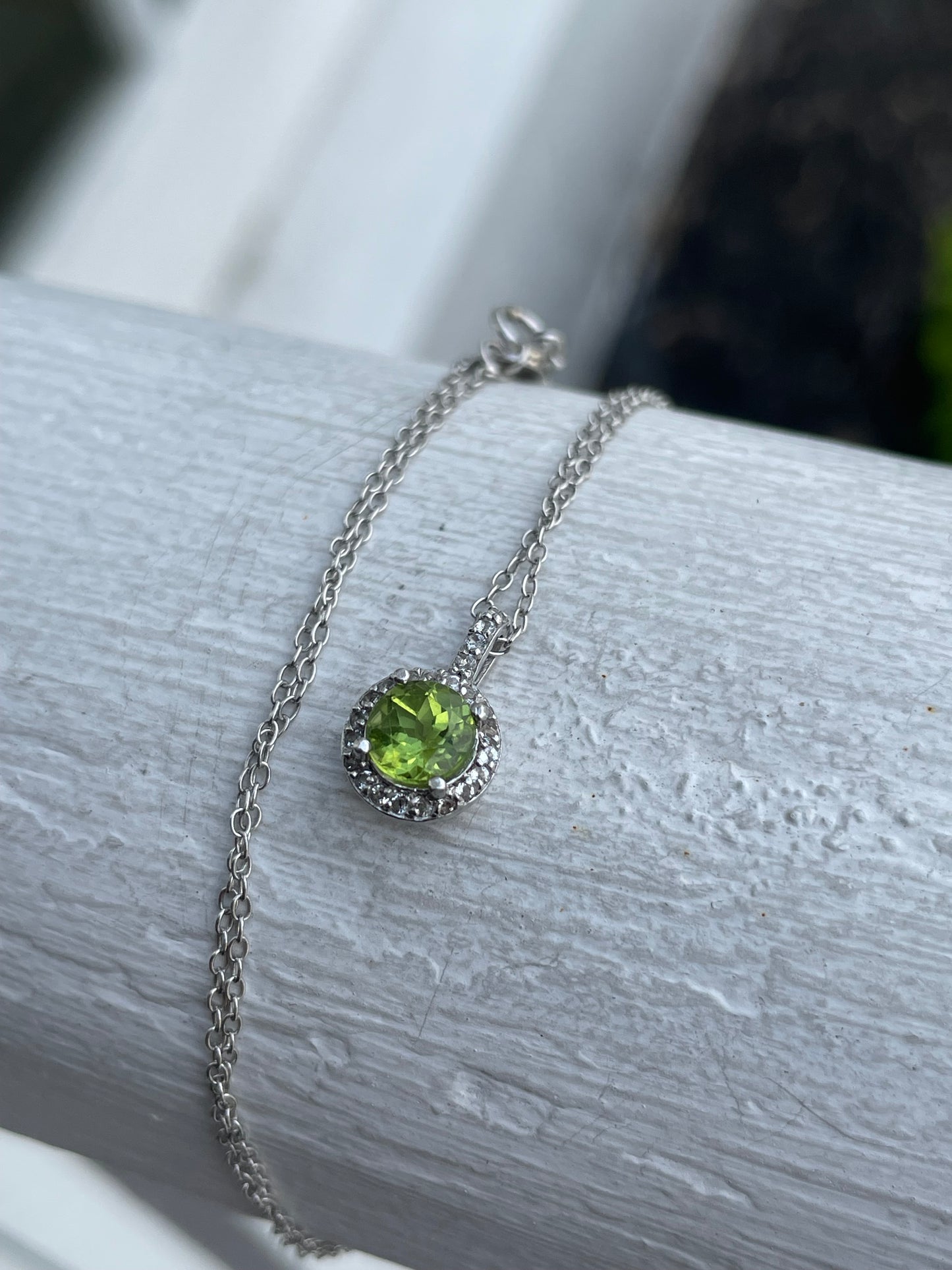 925 Sterling Silver Peridot & White Topaz Petite Solitaire Necklace 18”