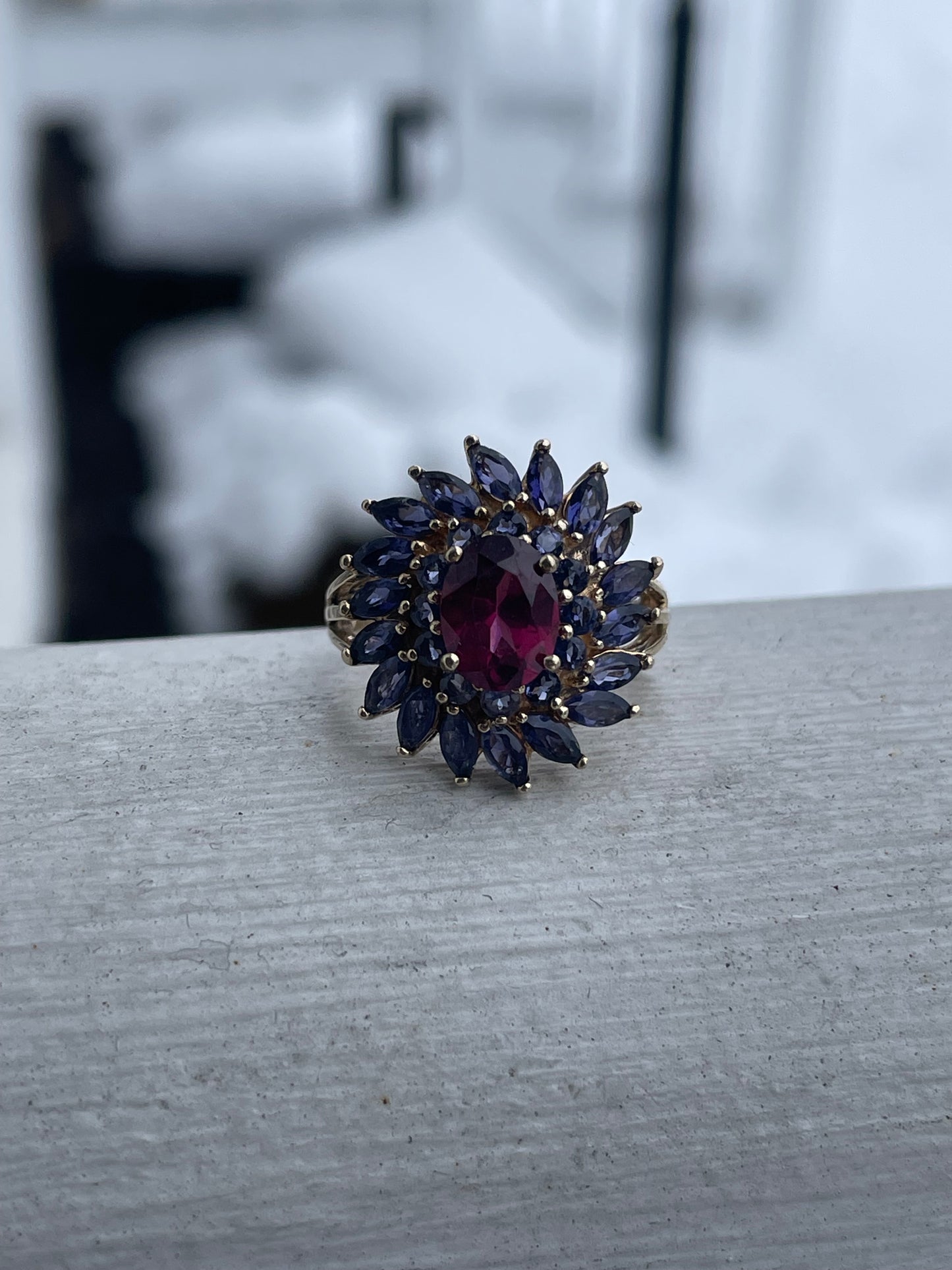 10k Gold Rhodolite Garnet & Iolite Wreath Cluster Ring Size 6