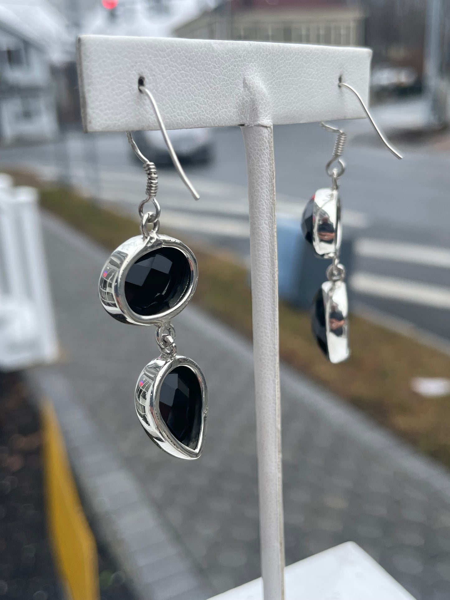 925 Sterling Silver Large Stone Black Spinel Dangle Earrings