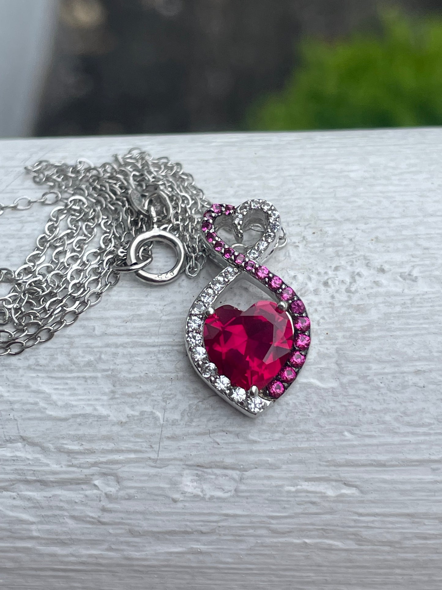 925 Sterling Silver “Love within my Heart” Infinity Red Ruby & Clear Zirconia Necklace 18”