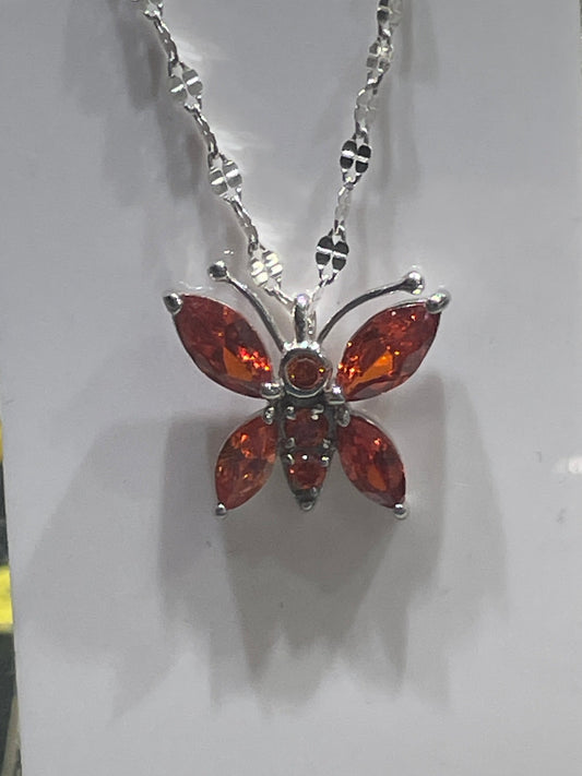 925 Sterling Silver Orange Zirconia Butterfly Necklace