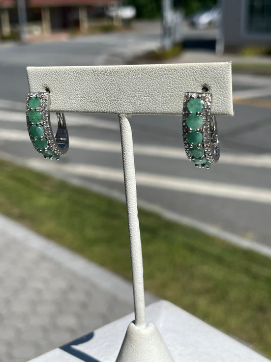 925 Sterling Silver Natural Emerald Hoop Earrings