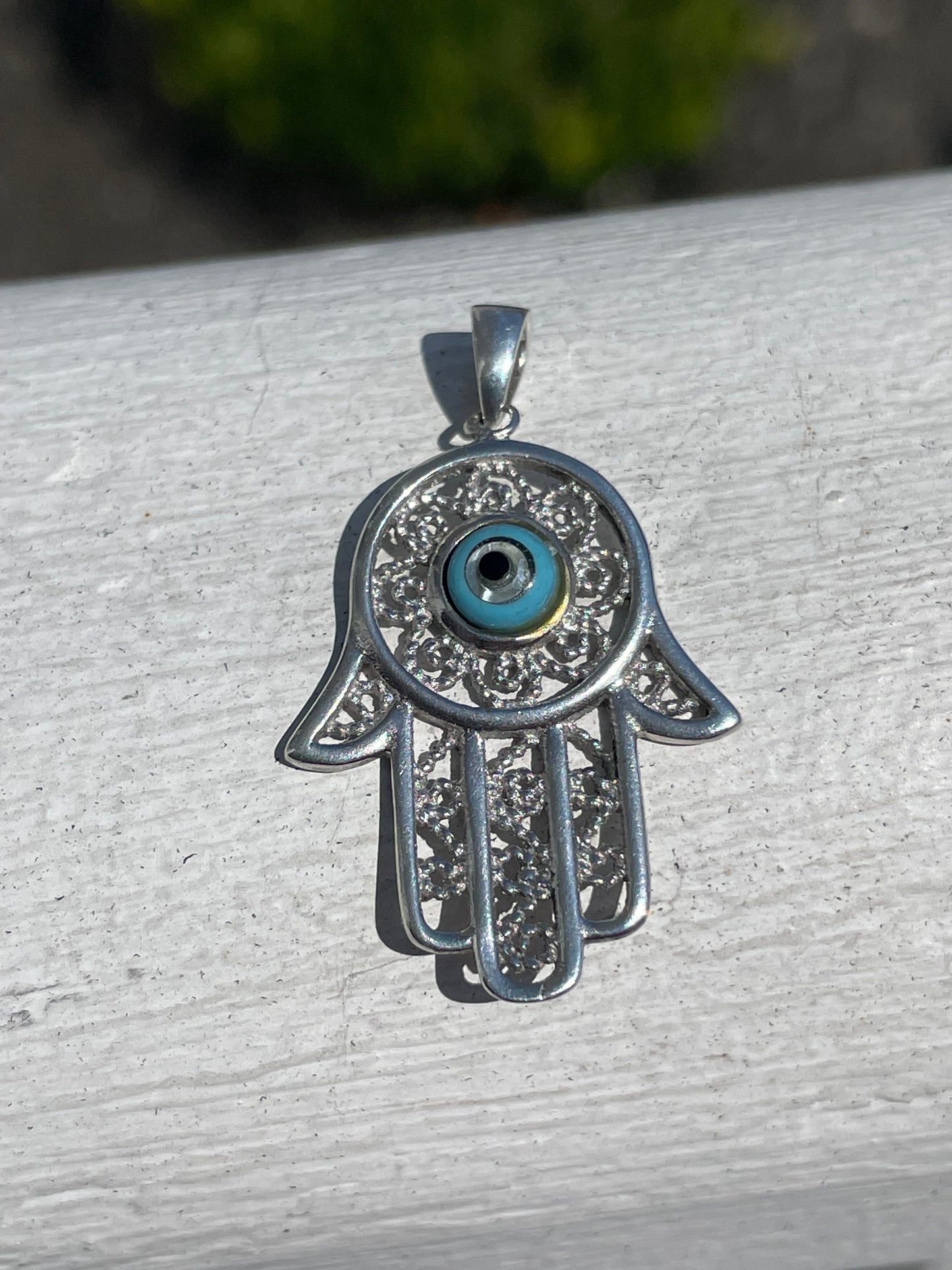 925 Sterling Silver Filigree Hamsa Evil Eye Pendant