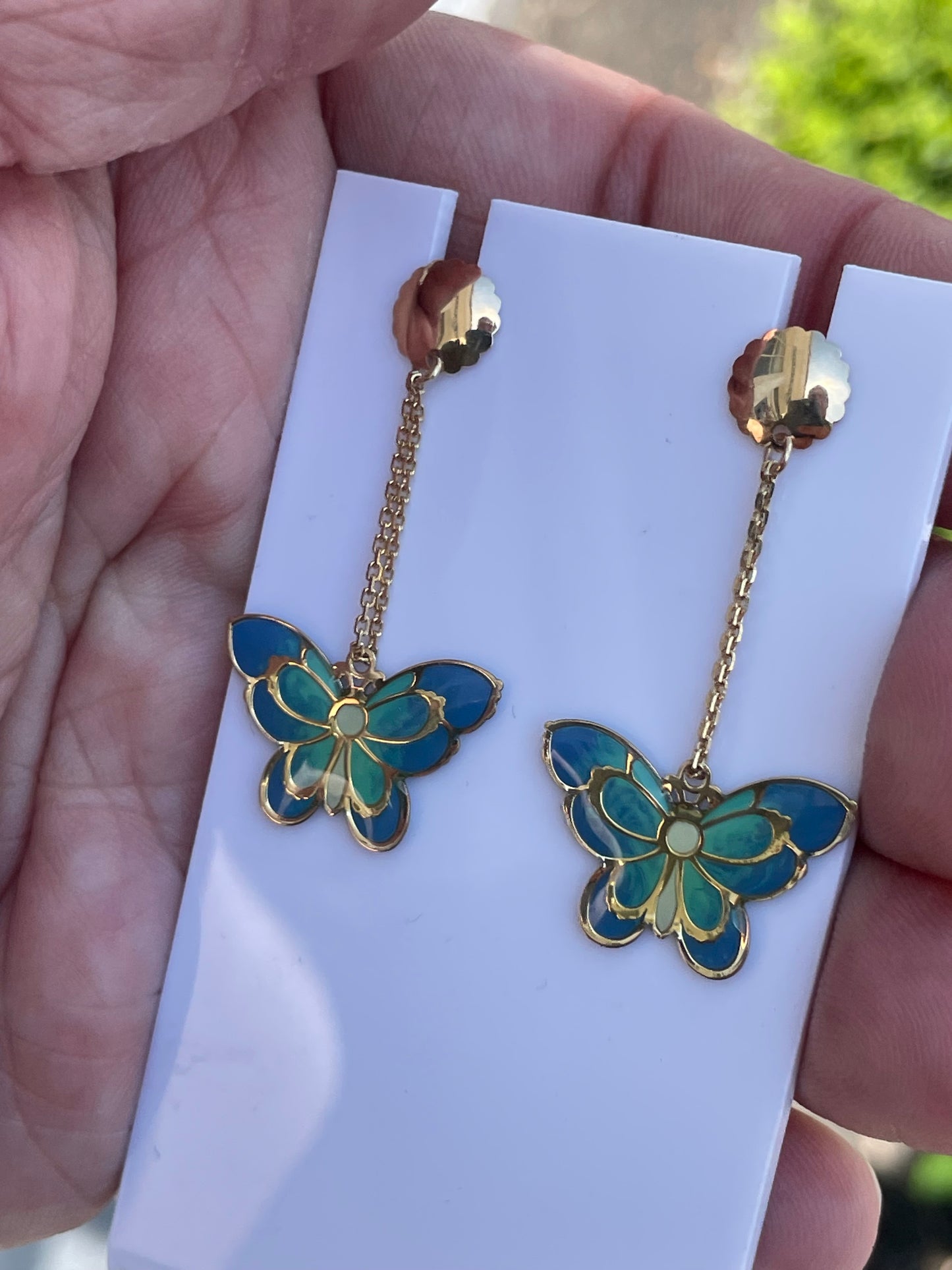 14k Gold Blue Enamel Butterfly Dangle Earrings