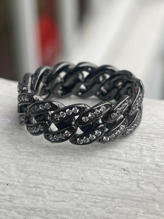 925 Sterling Silver Oxidized Cuban Link Eternity Band Ring with Czs Size 7