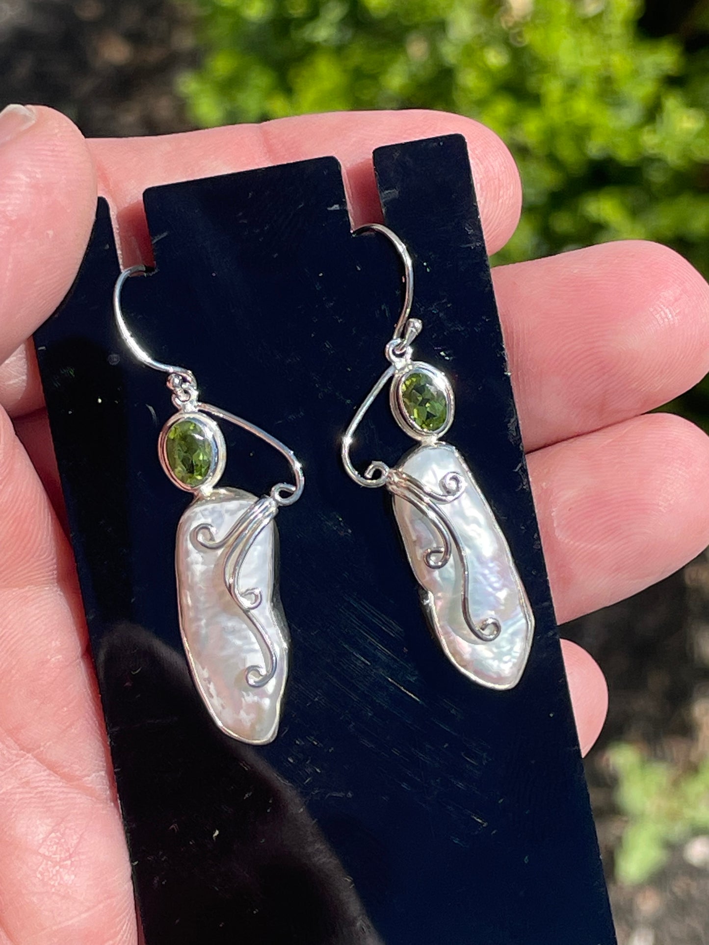 925 Sterling Silver Handmade Mother of Pearl & Peridot Dangle Earrings