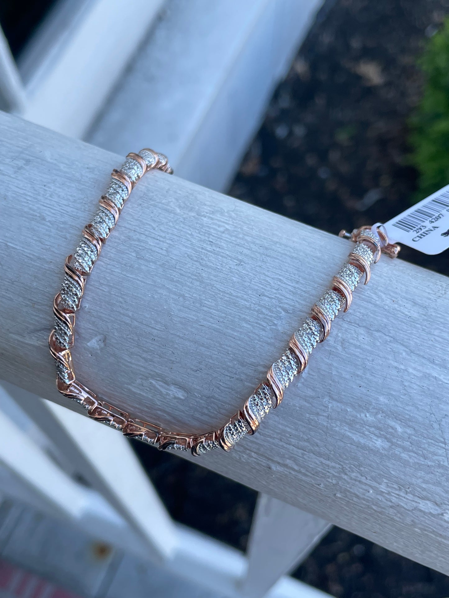 925 Sterling Silver Rose Vermeil Natural Diamond Tennis Bracelet 7.5”