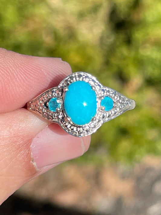 925 Sterling Silver Turquoise & Blue Topaz Small Cluster Ring Size 7
