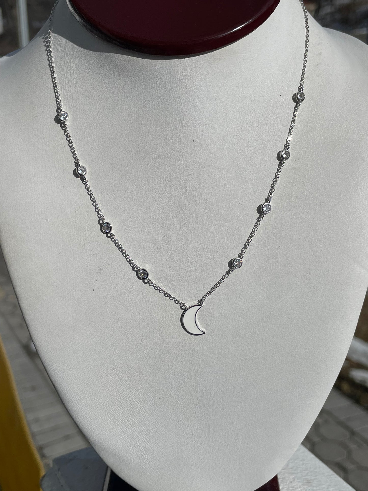 925 Sterling Silver White Enamel Crescent Moon Necklace with Clear Zirconia Chain 18”