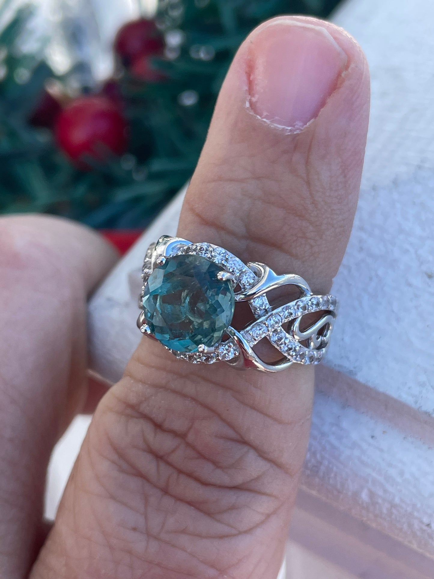 925 Sterling Silver Simulated Green Amethyst & Cz Statement Ring Size 6.5