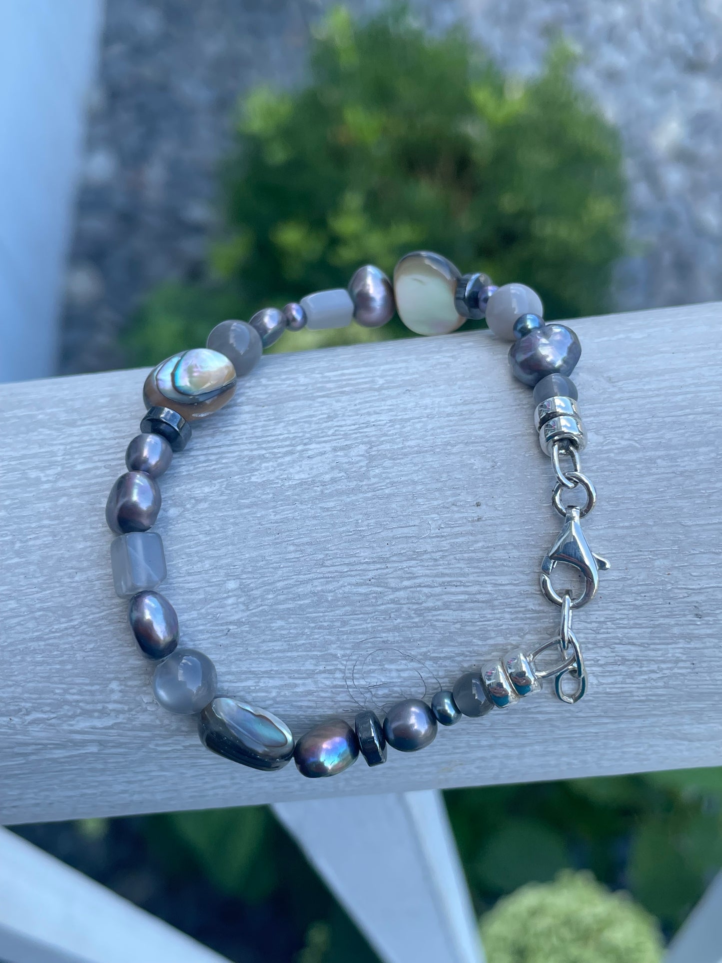 925 Sterling Silver Natural Abalone, Mother of Pearl, Gray Moonstone & Hematite Stone Bracelet