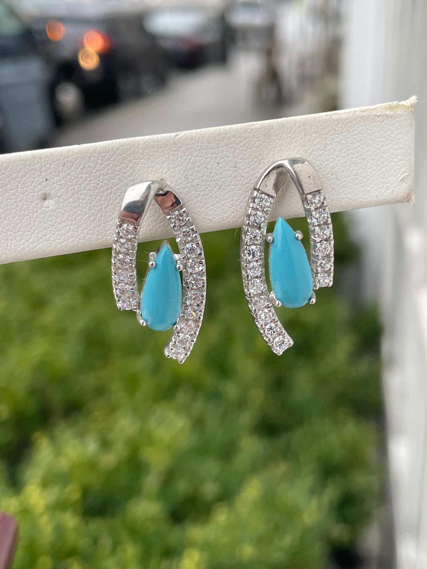 925 Sterling Silver Turquoise & Clear Zirconia Bypass Earrings