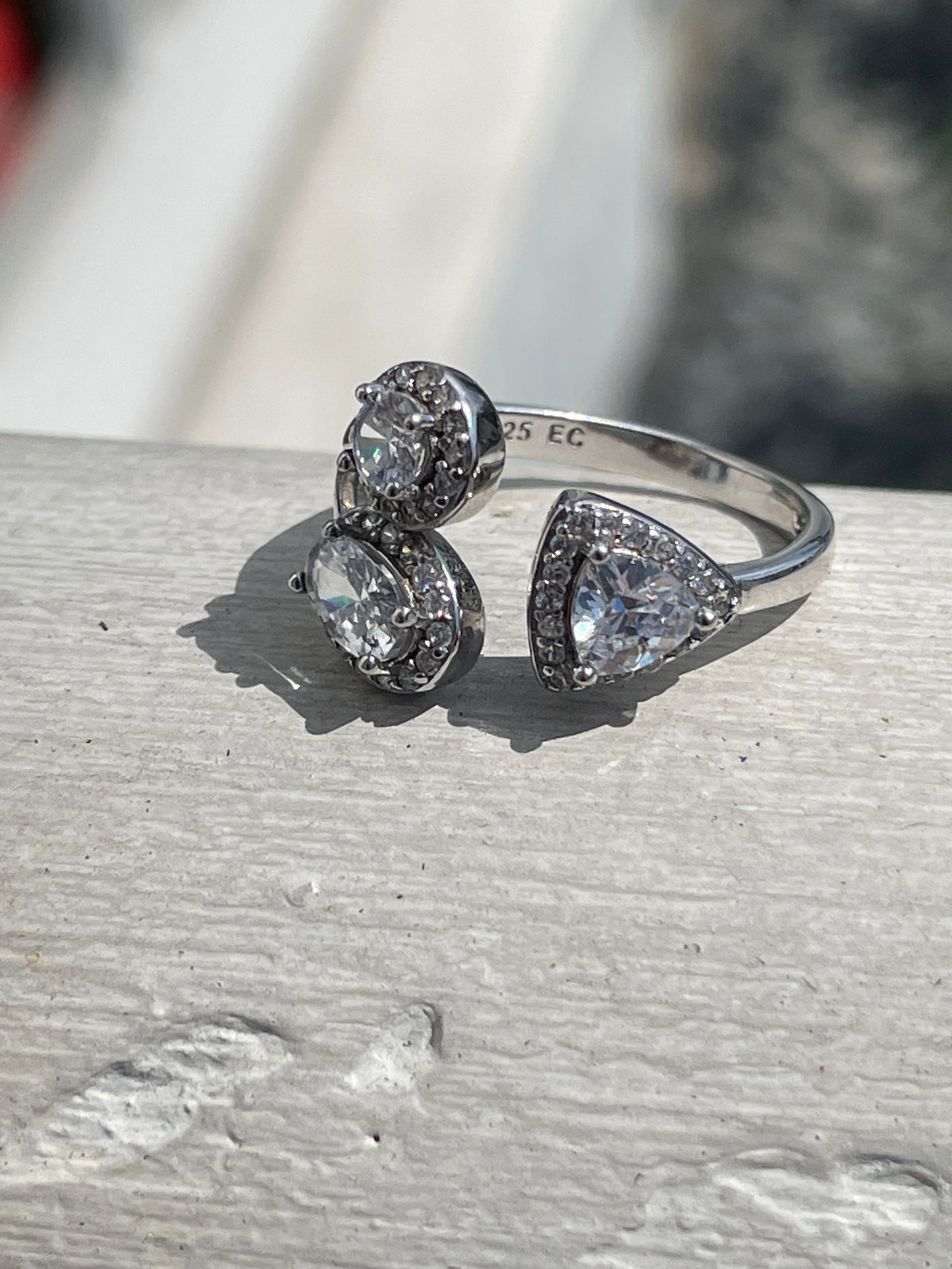 925 Sterling Silver Elevated Elegance Open Size Triple Stone Ring Size 7