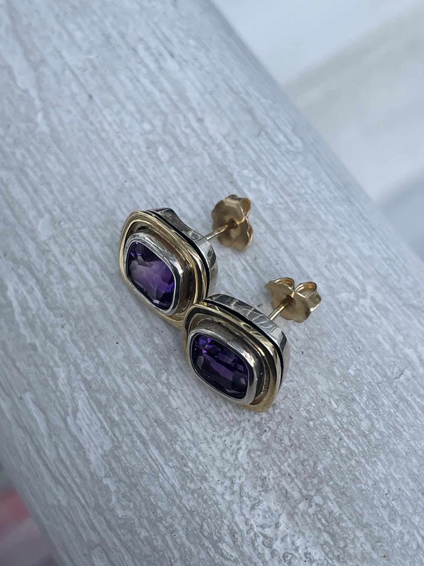 14k Gold & 925 Sterling Silver Bezel Set Amethyst Stud Earrings