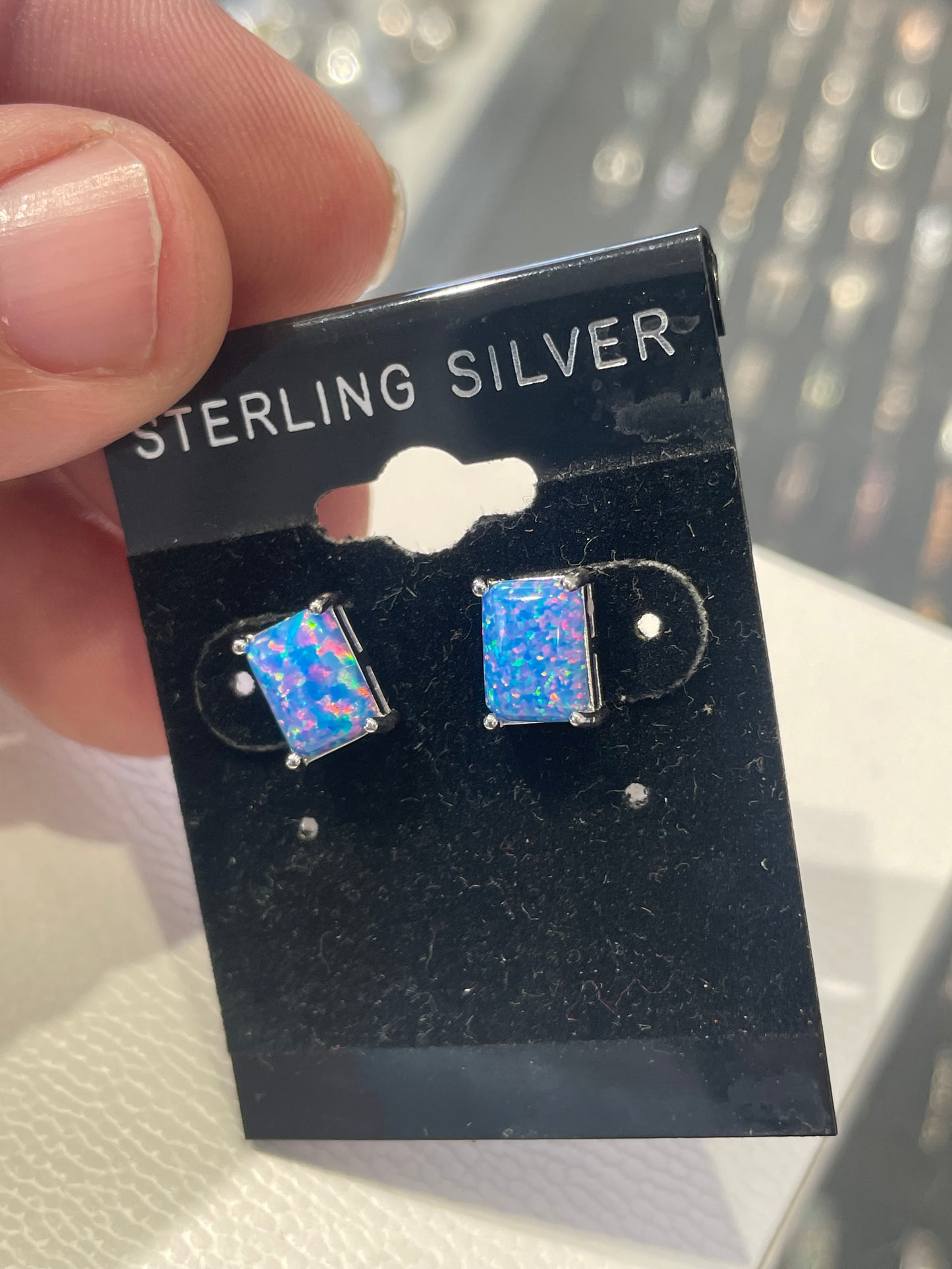 925 Sterling Silver Blue Opal Rectangle Stud Earrings