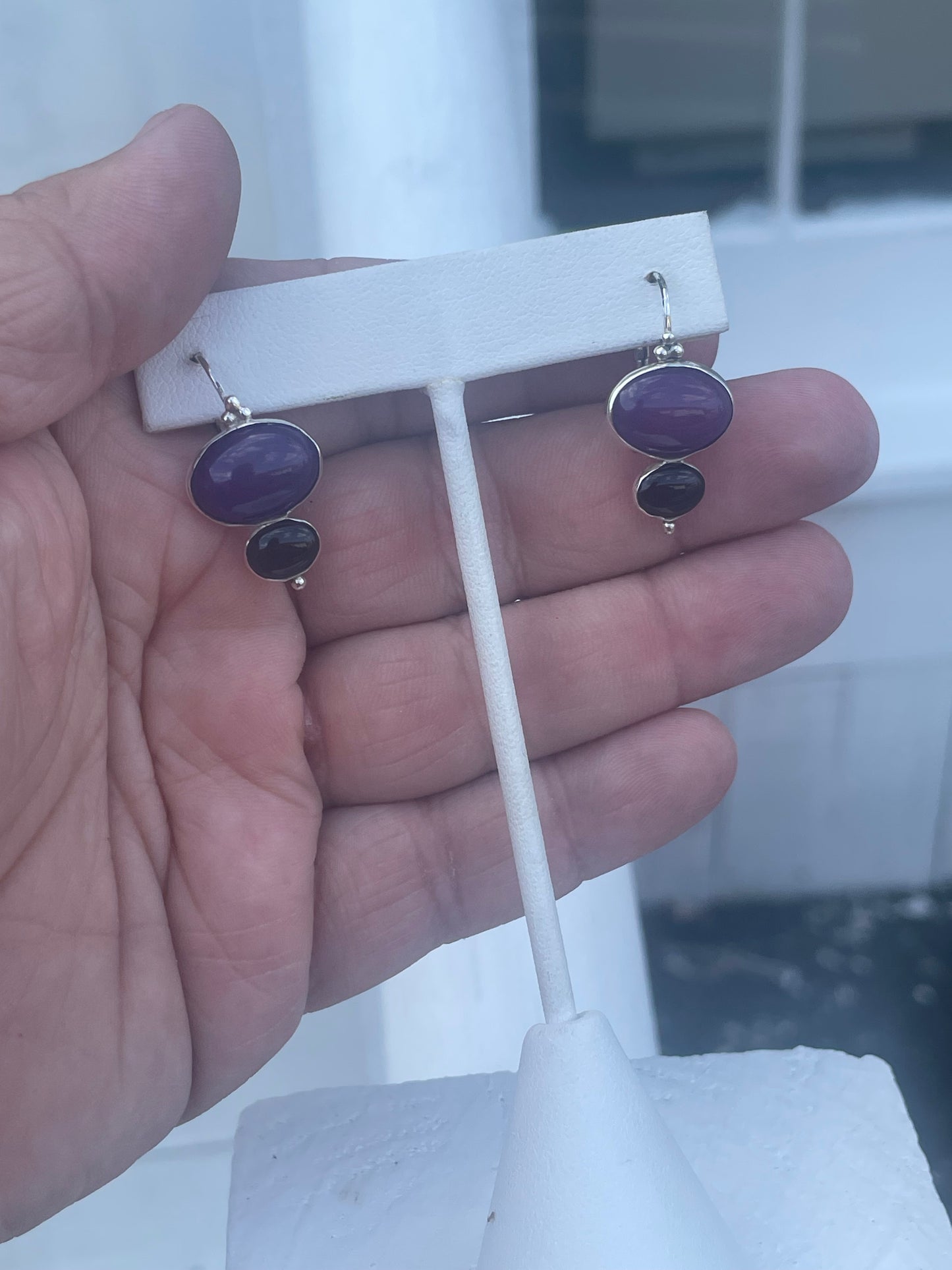 925 Sterling Silver Charoite & Onyx Drop Earrings