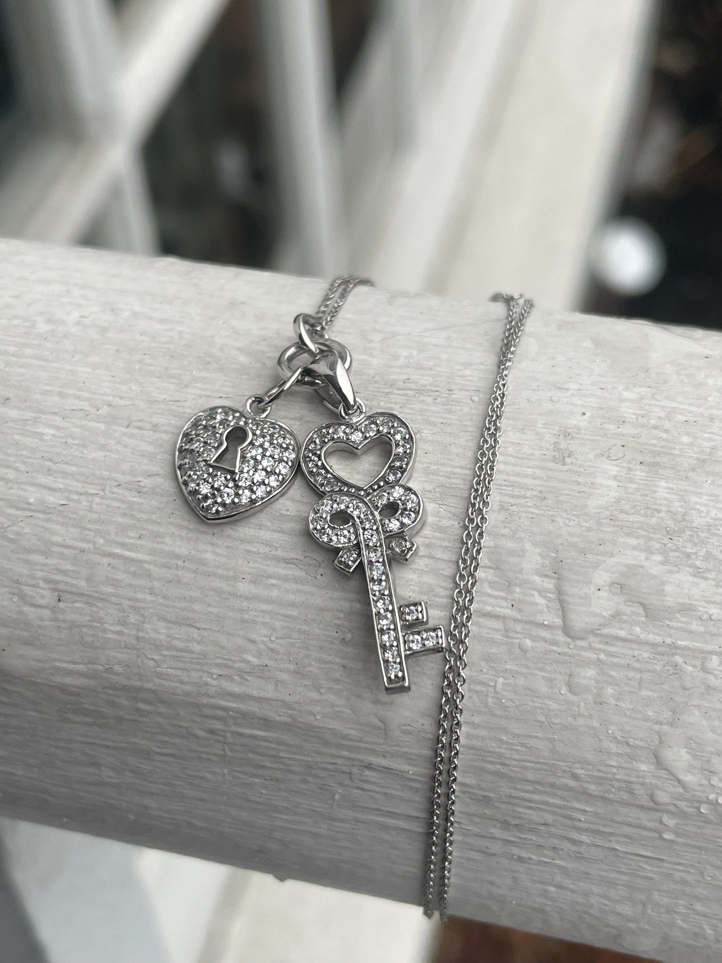 925 Sterling Silver Cz Heart Lock and Key Necklace 16”-18”
