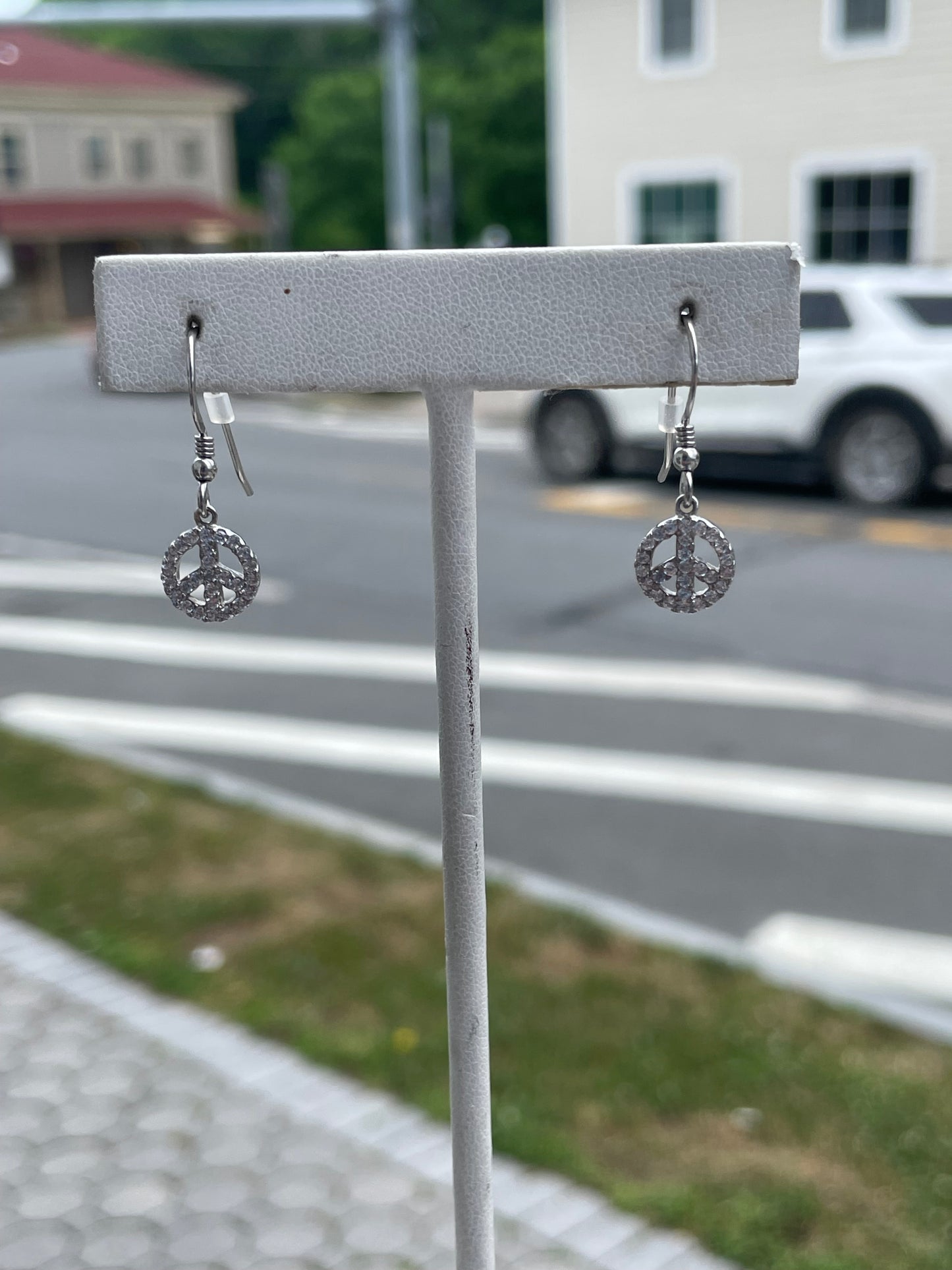 925 Sterling Silver Sparkling Peace Sign dangle Earrings