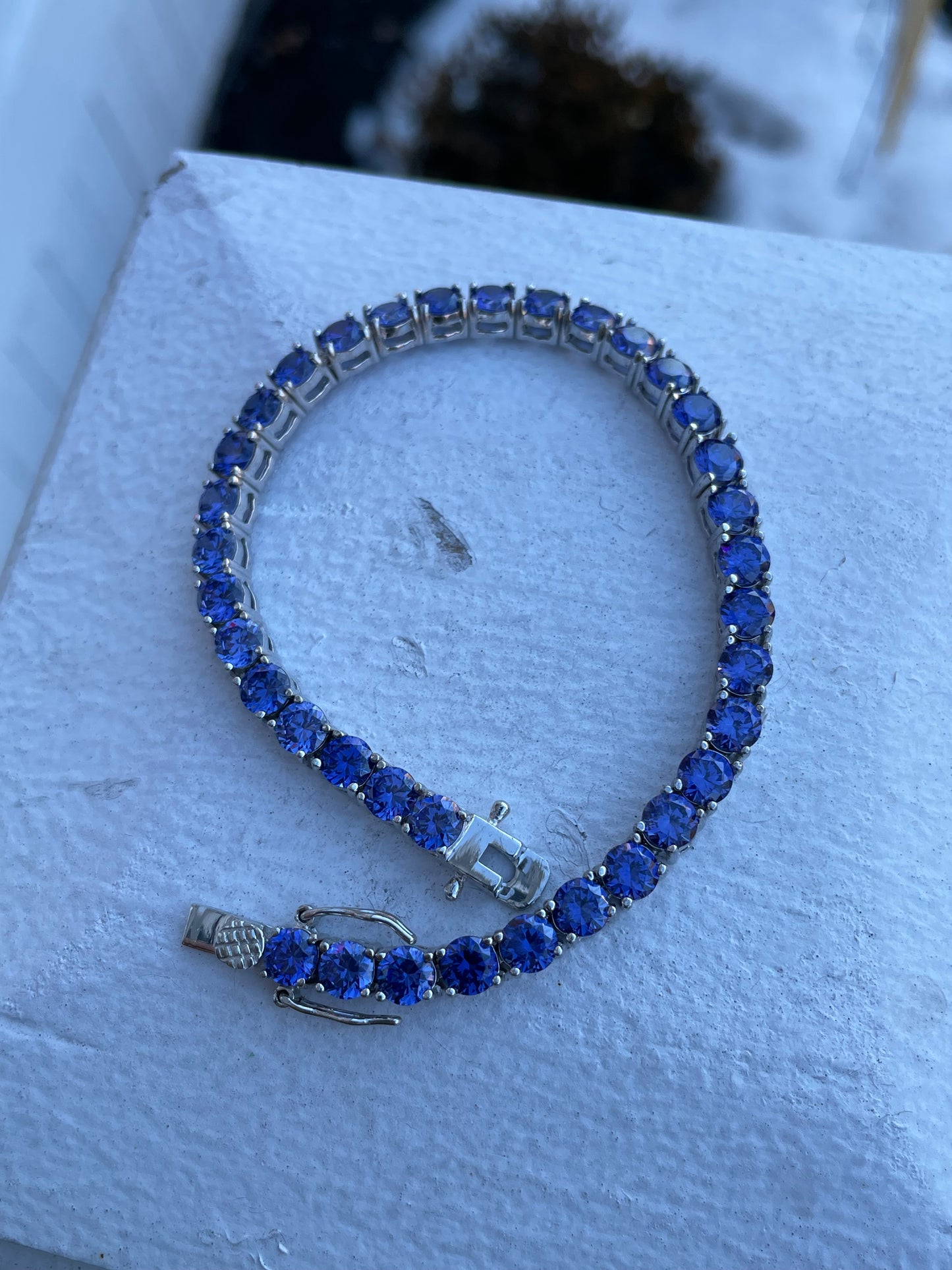 925 Sterling Silver Simulates Tanzanite Tennis Bracelet 8”