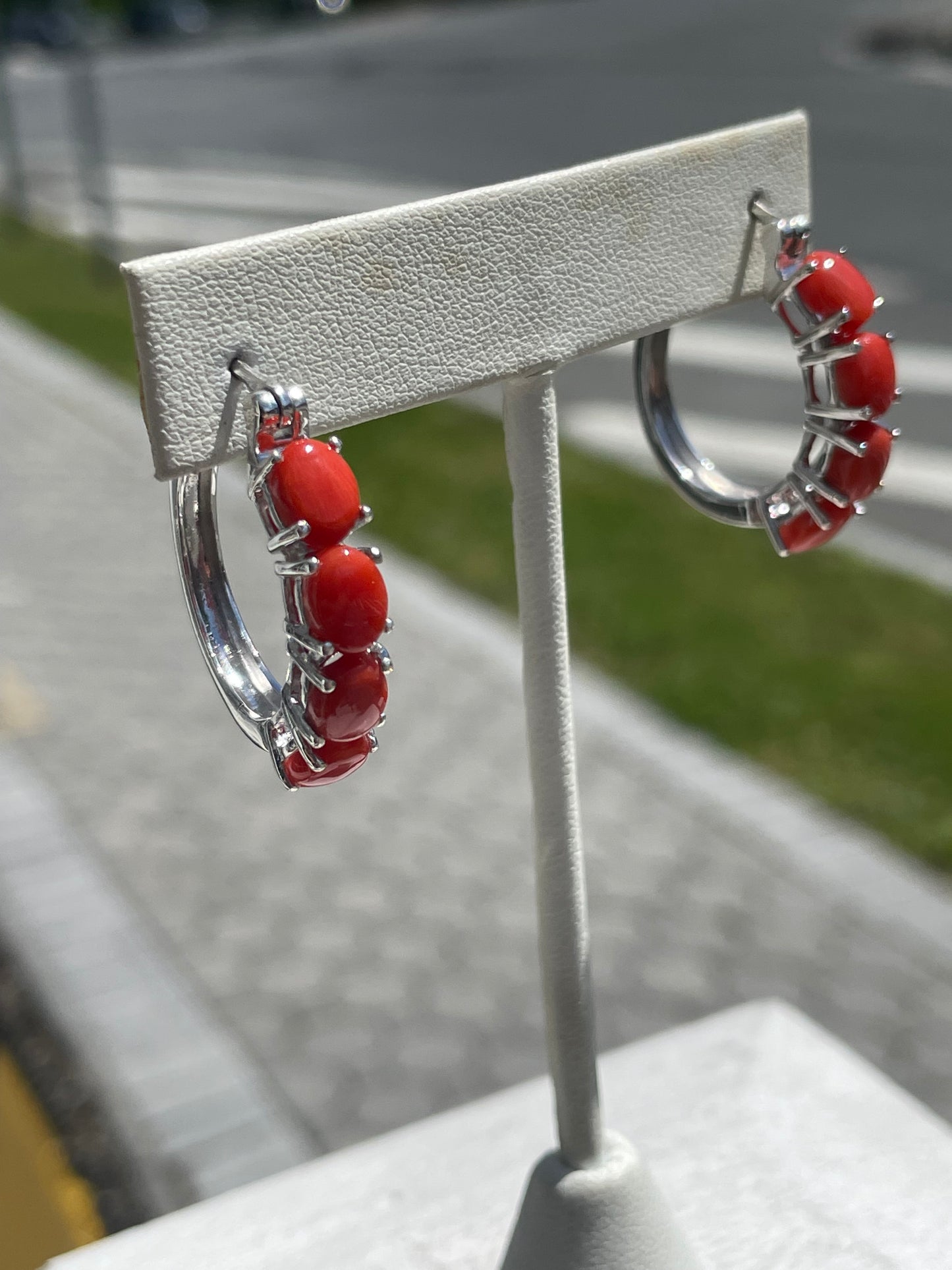 925 Sterling Silver Natural Coral Stone Oblong Hoop Earrings