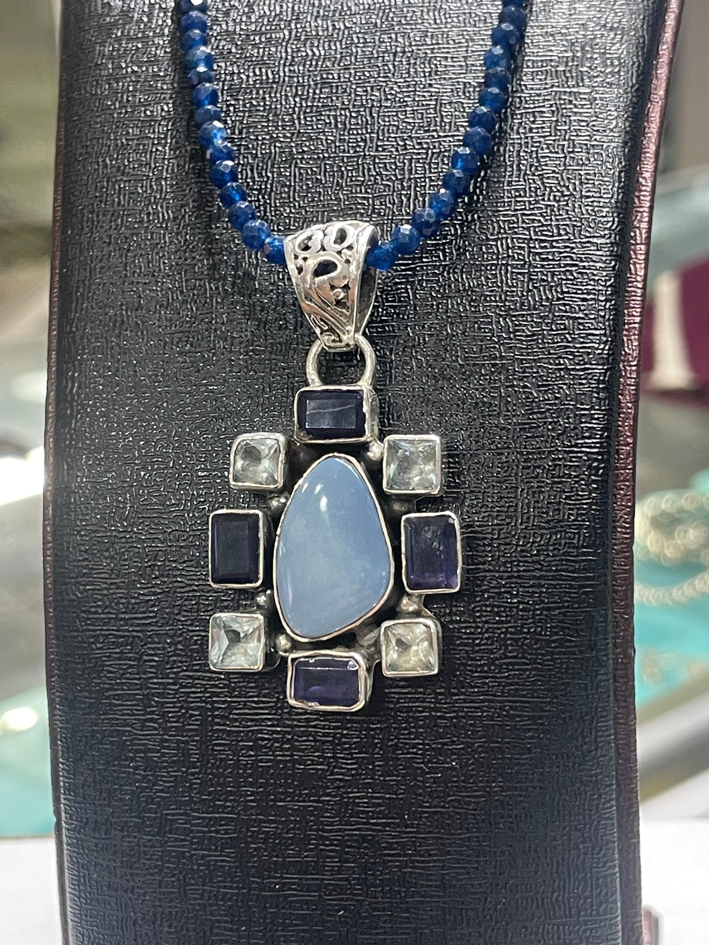 925 Sterling Silver Natural Sapphire Necklace with Natural Chalcedon, Iolite, and Aquamarine Cluster Pendant