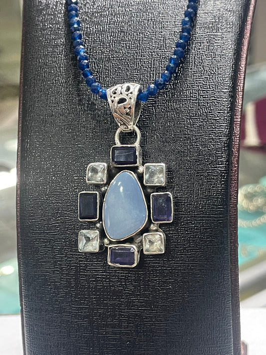925 Sterling Silver Natural Sapphire Necklace with Natural Chalcedon, Iolite, and Aquamarine Cluster Pendant