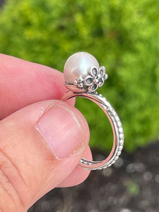 Retired Pandora 190848P-56 Pearl Garden Odyssey Ring Size 7.5