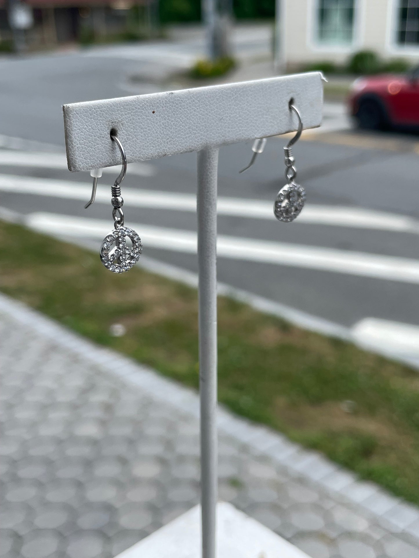 925 Sterling Silver Sparkling Peace Sign dangle Earrings