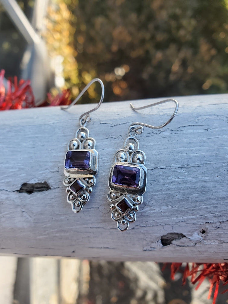 925 Sterling Silver Amethyst & Garnet Euro Filigree Dangle Earrings