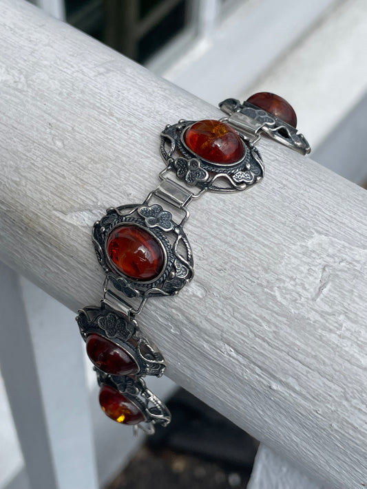 925 Sterling Silver Handmade Amber Filigree Bracelet 7.5”