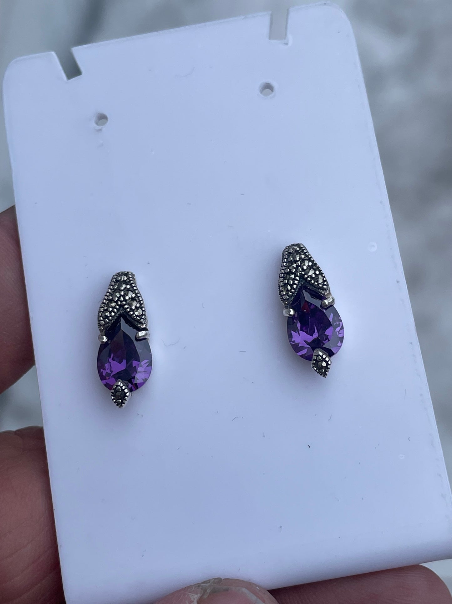 925 Sterling Silver Amethyst & Marcasite Drop Stud Earrings
