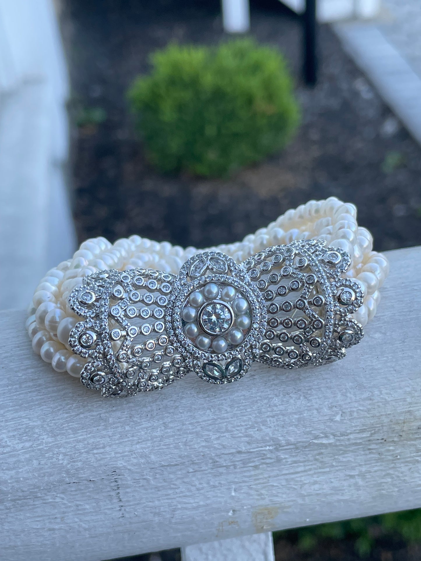 925 Sterling Silver Multi Stranded Pearl Art Deco Bridal / Prom Day Bracelet