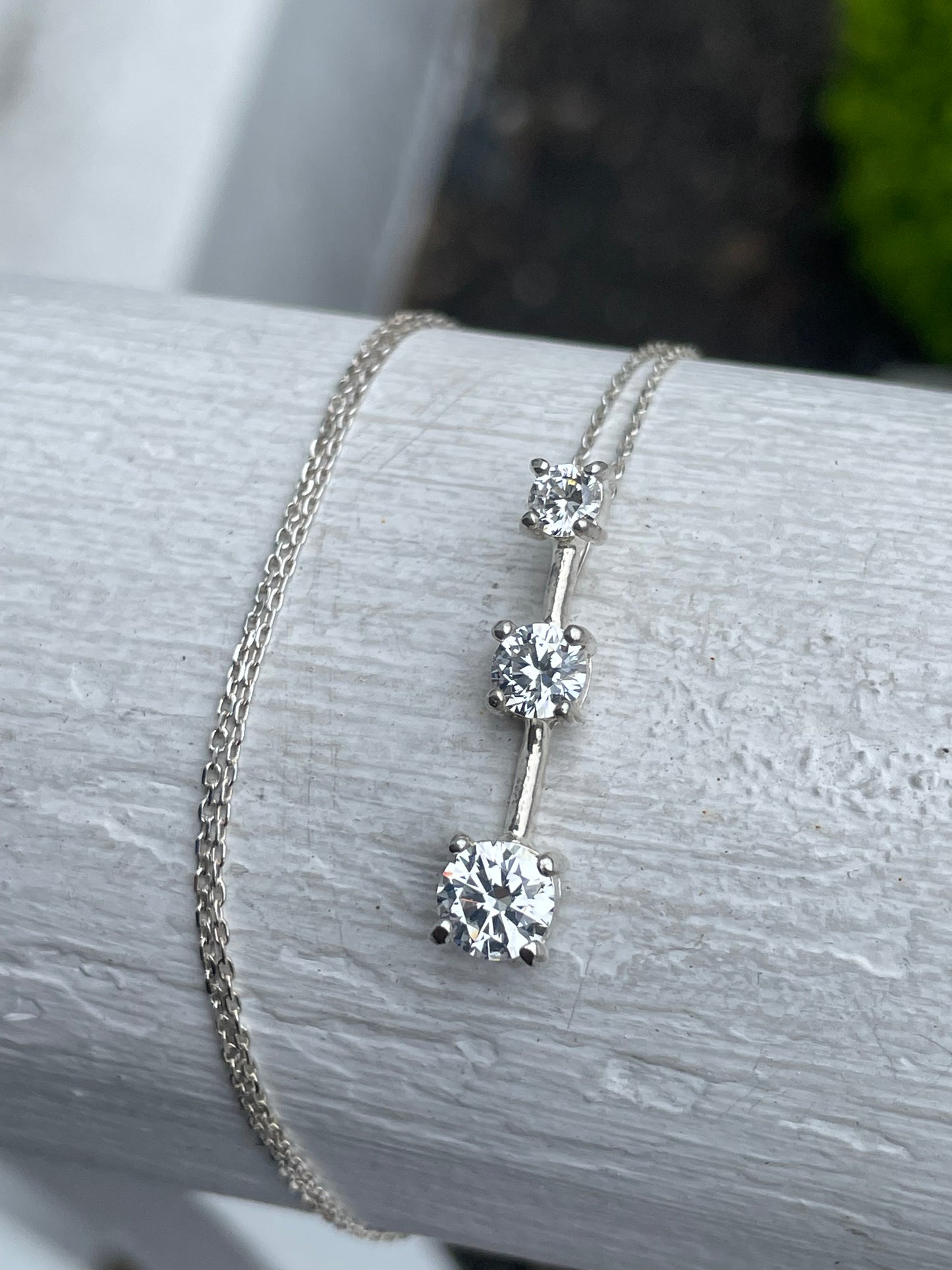 925 Sterling Silver Vertical Past Present Future Cz Drop Necklace 20”