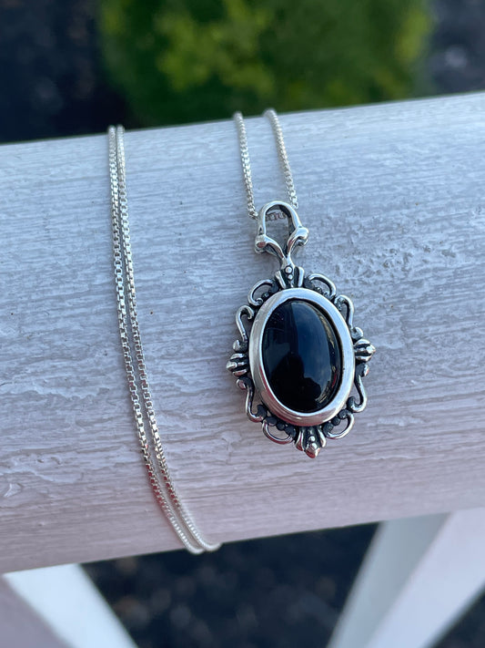 925 Sterling Silver Vintage Black Onyx Necklace