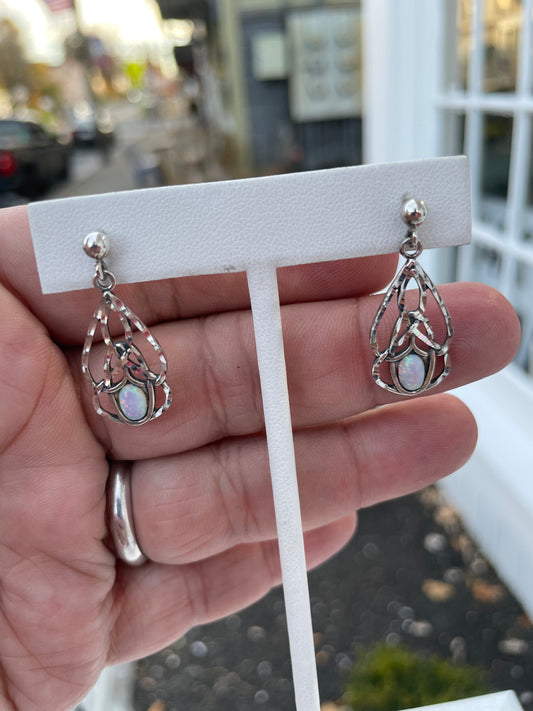 925 Sterling Silver Openwork Trinity Knot Opal Drop Earrings