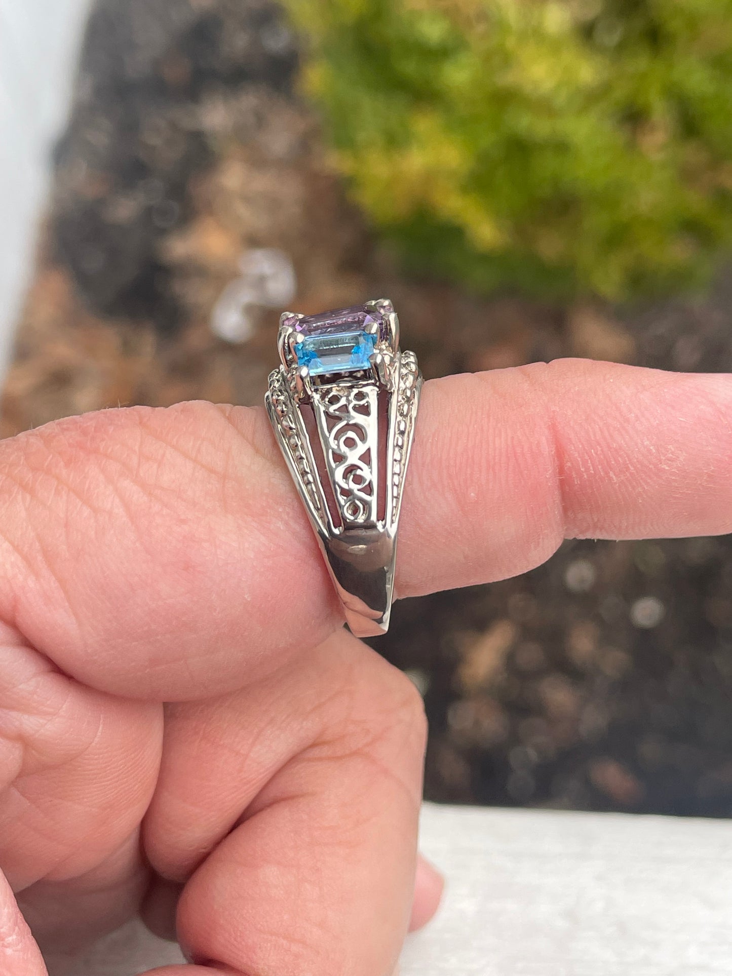 925 Sterling Silver Designer CJC past present future Blue topaz and amethyst ring size 10