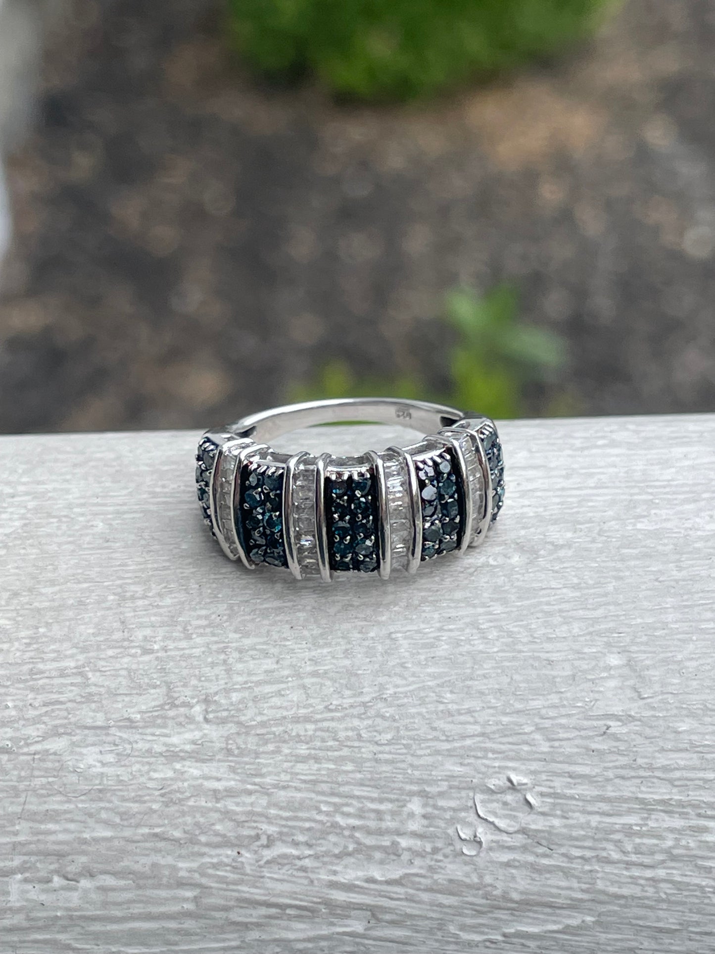 925 Sterling Silver Natural Blue & White Diamond Band Ring Size 7